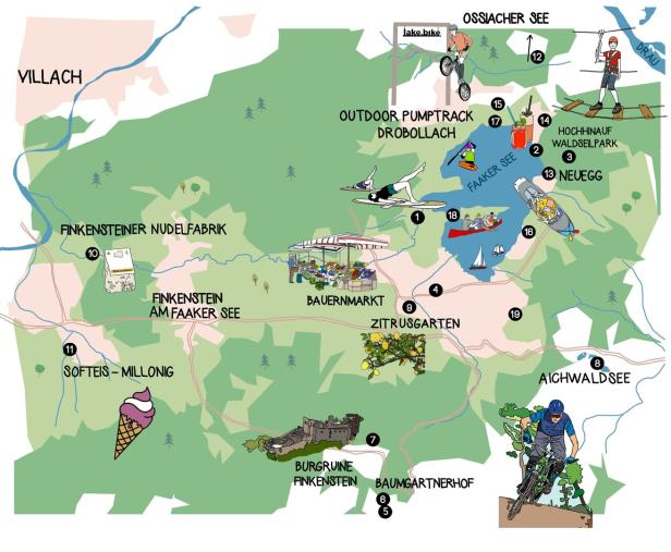 Eine illustrierte Karte der Region um den Faaker See mit verschiedenen Freizeitaktivitäten.