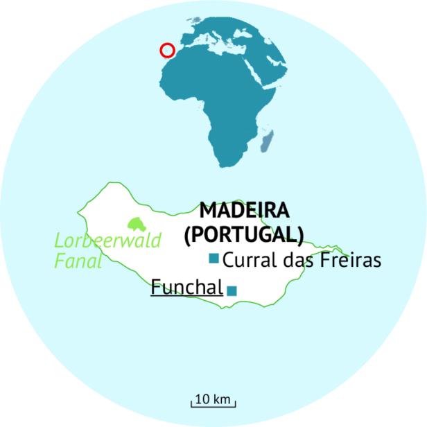 Eine Karte von Madeira, Portugal, mit hervorgehobenen Orten wie Funchal.
