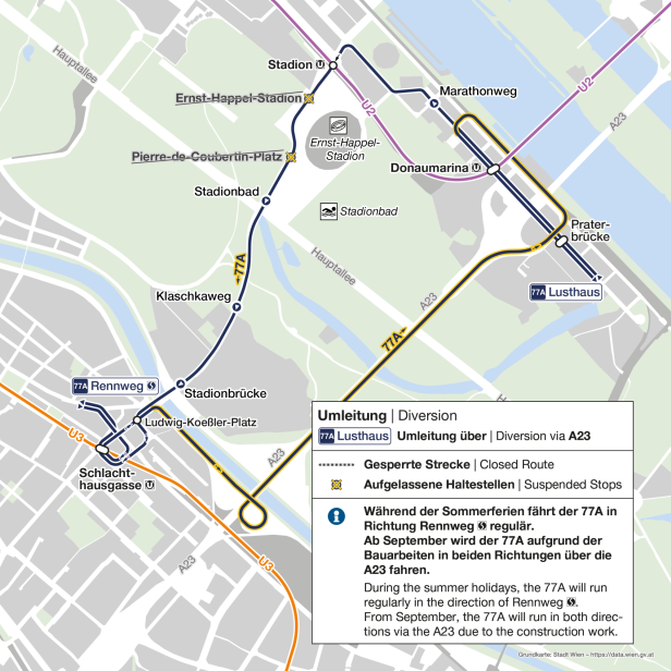 Ein Übersichtsplan der Umleitung der Linie 77A in Wien. Ein Übersichtsplan der Umleitung der Linie 77A in Wien.