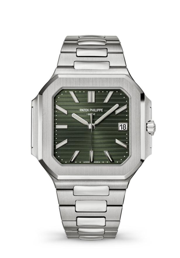 Eine Patek Philippe Armbanduhr mit einem grünen Zifferblatt und einem silbernen Armband.