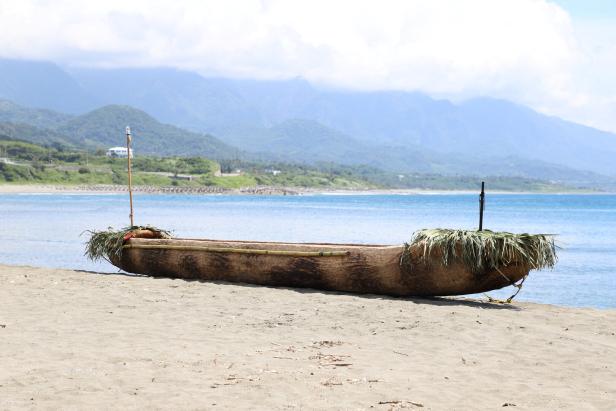 A dugout canoe is pictured before departure on a crossing across a region of the East China Sea to Yonaguni Island