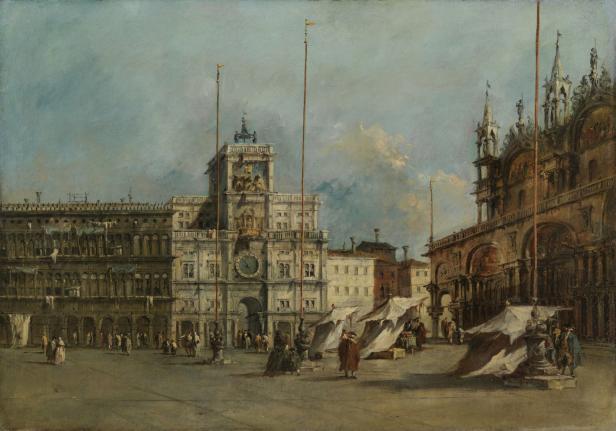 Gemälde des belebten Markusplatzes in Venedig mit dem Uhrturm und der Markuskirche.