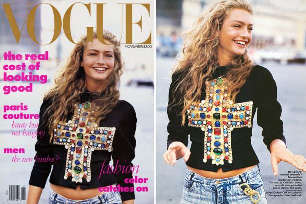 Ein Vogue-Cover von November mit einer Frau, die eine Jacke mit einem großen Kreuz trägt.