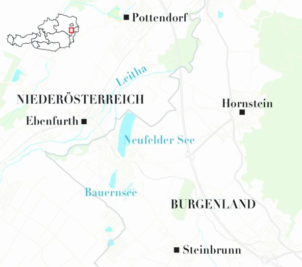 Eine Karte, die einen Teil von Niederösterreich und Burgenland mit Seen und Ortschaften zeigt.