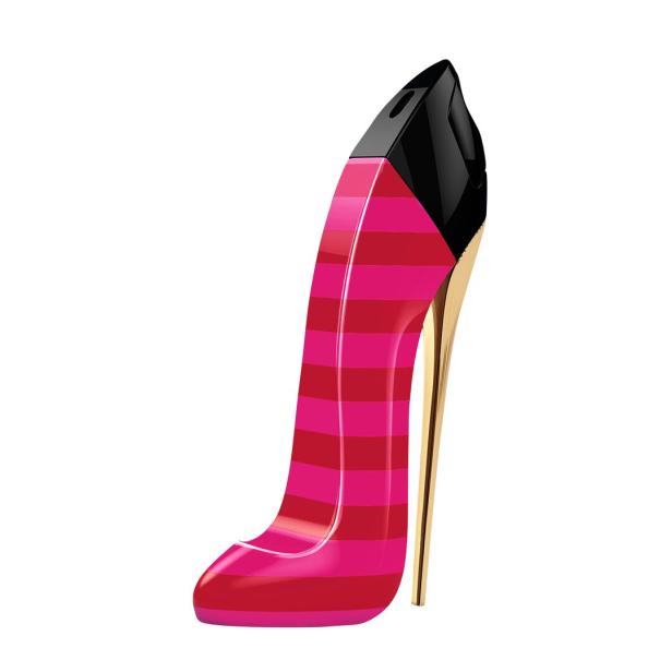 Ein Damenschuh-förmiger Flakon mit pinkfarbenen Streifen und goldenem Absatz.