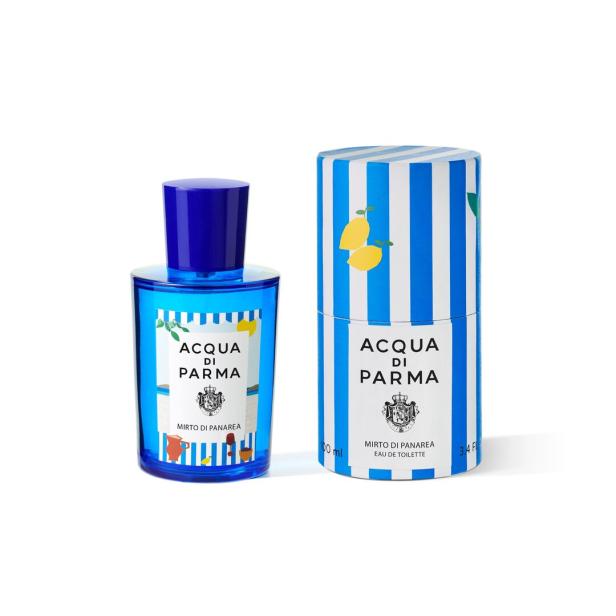 Eine Flasche „Acqua di Parma Mirto di Panarea“ Eau de Toilette mit passender Verpackung.