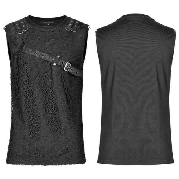 Ein ärmelloses, schwarzes Punk-Oberteil mit Spitze und einem diagonalen Riemen.