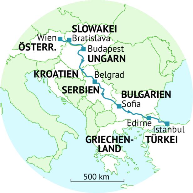 Eine Karte, die den Verlauf eines Flusses von Wien bis Istanbul durch verschiedene Länder zeigt.