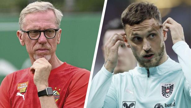 Stöger (li.) hatte gutes Gespräch mit Arnautovic, die Zusage für Rapid blieb aus.