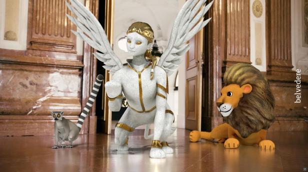 Eine weiße Sphinx mit Flügeln und ein Löwe sind im Museum abgebildet, während links ein Lemur zu sehen ist.