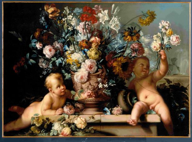 Gemälde von Ignaz Stern, Blumen in Vase mit zwei Putten