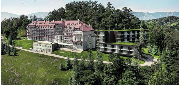 Computerplan. Neben dem alten Kurhaus entstehen Zubauten, die teils mit Gras begrünt sind.