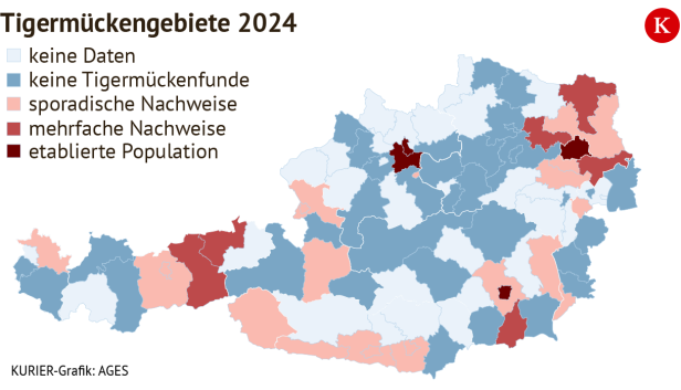 Das Bild zeigt die Ausbreitung der Tigermücke in Österreich