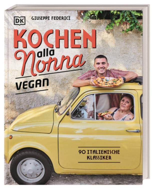 Das Cover des Kochbuchs „Kochen alla Nonna Vegan“ von Giuseppe Federici mit einem gelben Oldtimer.