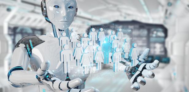 White cyborg on blurred background controlling group of people 3D rendering
