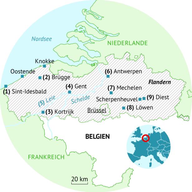 Eine Karte von Flandern, Belgien, mit eingezeichneten Städten und Flüssen.