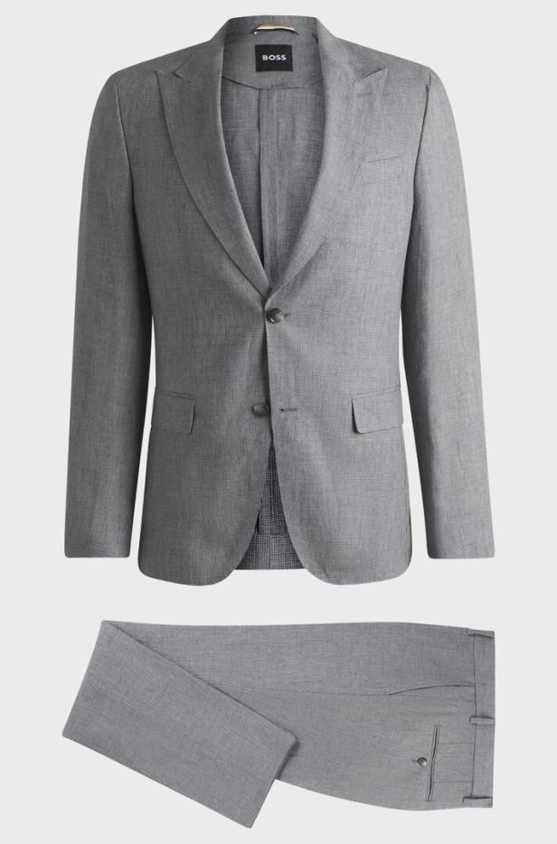 Ein grauer BOSS Anzug, bestehend aus Sakko und Hose.