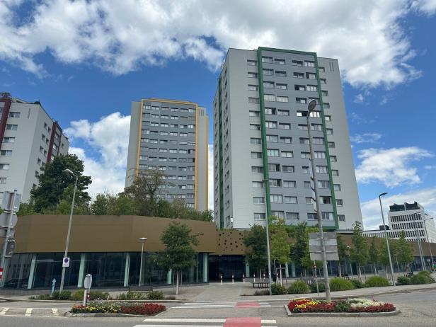 Zwei hohe Wohngebäude mit farbigen Akzenten stehen hinter Bäumen und einem modernen Flachbau an einer Kreuzung.