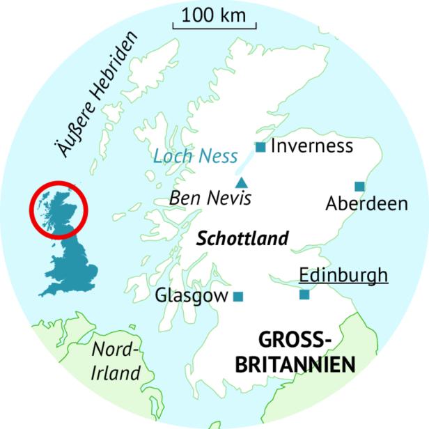 Eine Karte von Schottland mit hervorgehobenen Städten und dem Loch Ness.