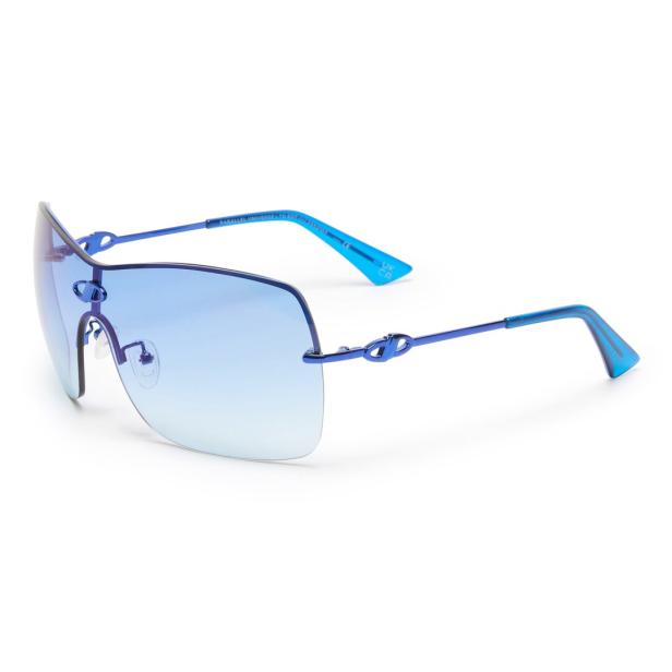 Eine blaue, randlose Sonnenbrille mit einem Farbverlauf von Dunkel- zu Hellblau.