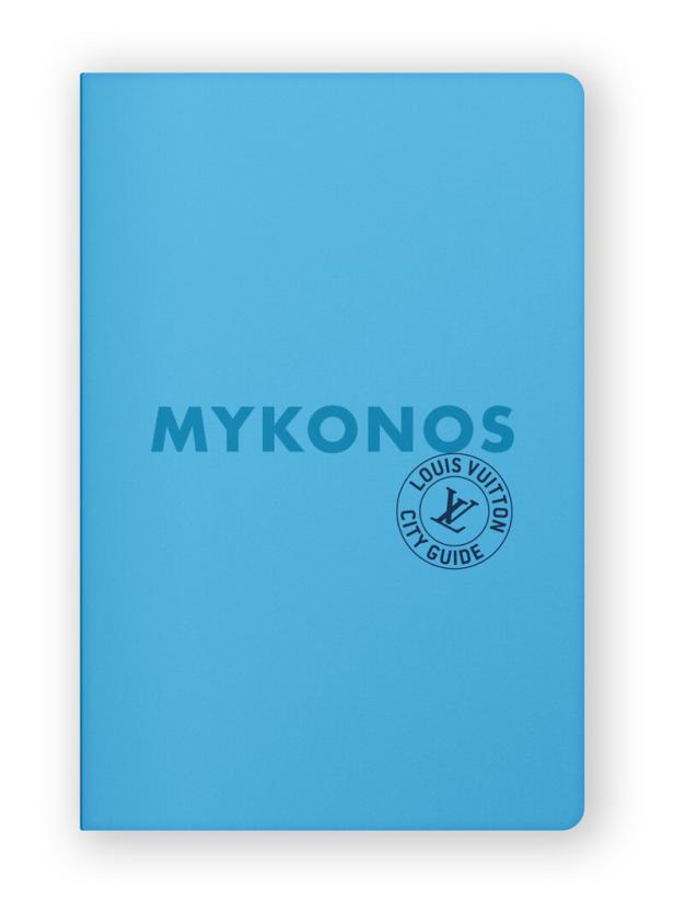 Ein hellblaues Notizbuch mit dem Aufdruck „Mykonos Louis Vuitton City Guide“.