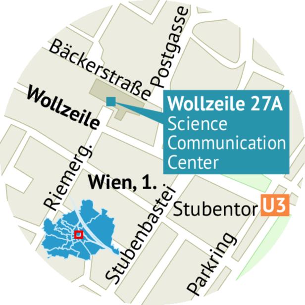 Ein Kartenausschnitt von Wien, der die Wollzeile 27A und das Science Communication Center zeigt.