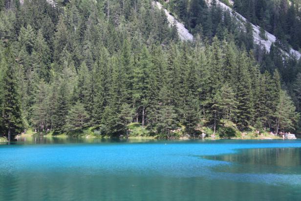 Der smaragdgrüne Grüne See in der Steiermark, umgeben von dichten Nadelbäumen.
