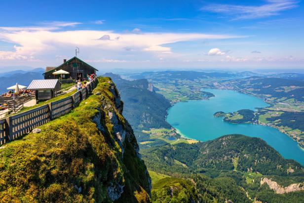 Schafberges recorded, Mountain landscape in Salzkammergut, Upper Austria. View from Schafberg peak to Mondsee, Austria. Himmelspforte Schafberg in Austria, between Mondsee and Wolfgangsee lakes.