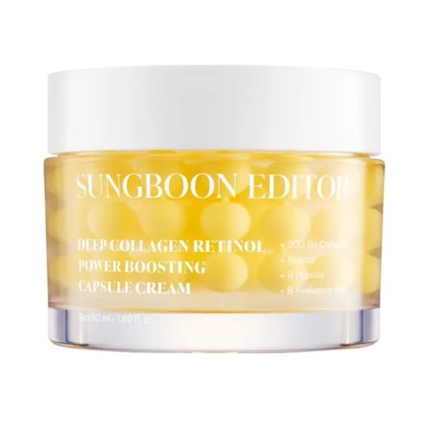 Eine Dose „Sungboon Editor Deep Collagen Retinol Power Boosting Capsule Cream“.