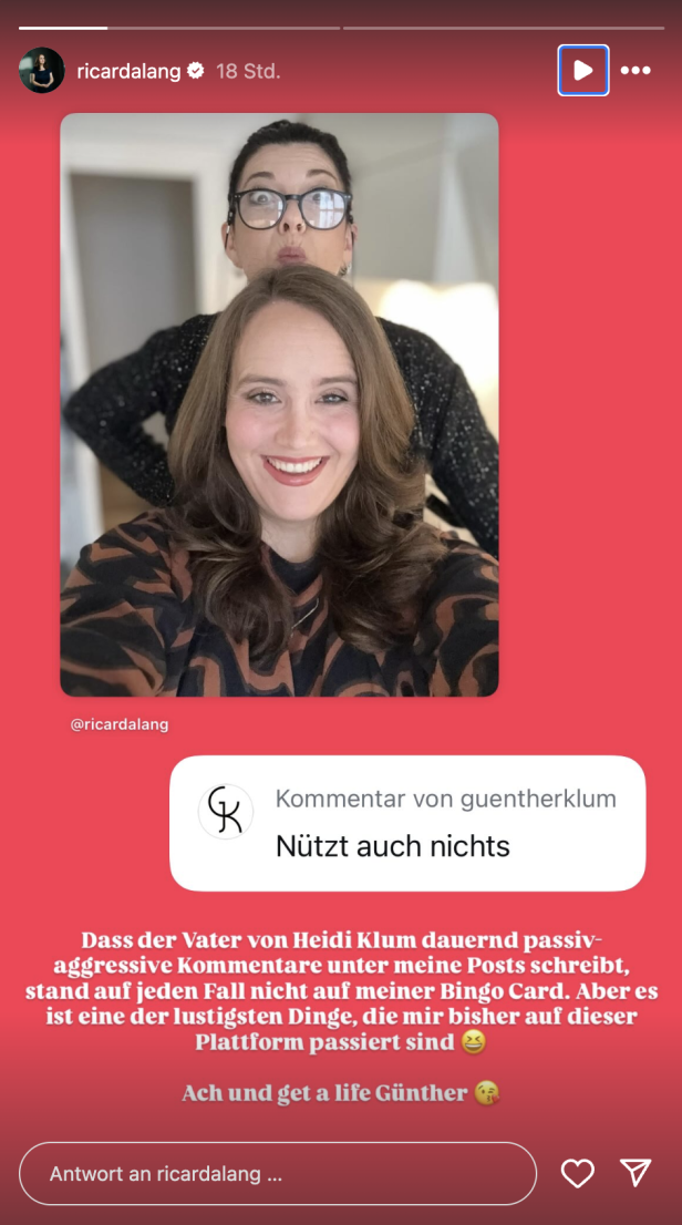 Ricarda Lang teilte einen abwertenden Kommentar von Günther Klum in ihrer Instagram-Story Ricarda Lang teilte einen abwertenden Kommentar von Günther Klum in ihrer Instagram-Story