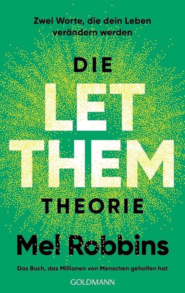 Das Buch „Die Let-Them-Theorie“ von Mel Robbins auf grünem Hintergrund mit gelben Punkten.