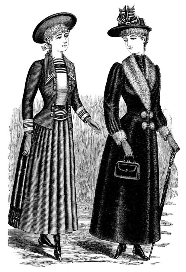 Zwei Frauen in viktorianischer Mode der 1890er Jahre mit Spazierkleidern aus dem 19. Jahrhundert.