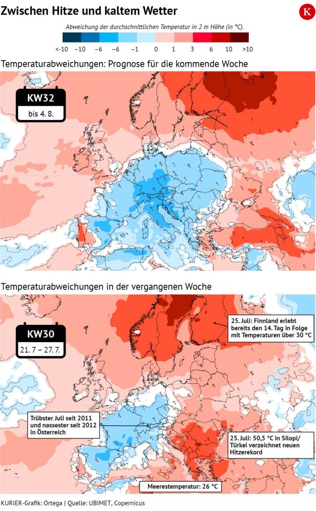 Die Grafik zeigt die Temperaturabweichungen in Europa und Teilen Asiens