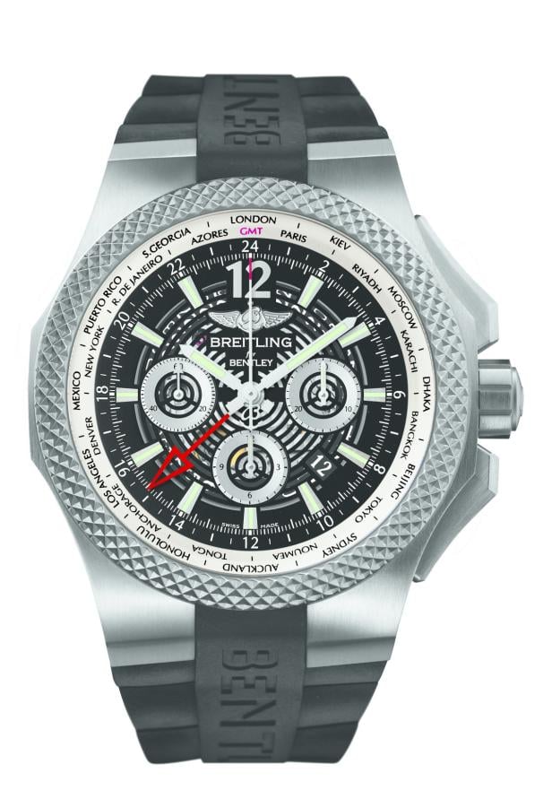 … Eine Breitling Bentley-Armbanduhr mit Weltzeitfunktion und schwarzem Zifferblatt.