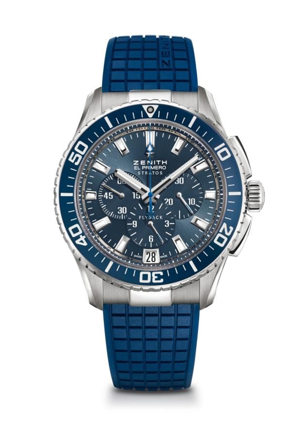 … Eine blaue Zenith El Primero Stratos Armbanduhr mit einem blauen Kautschukarmband.