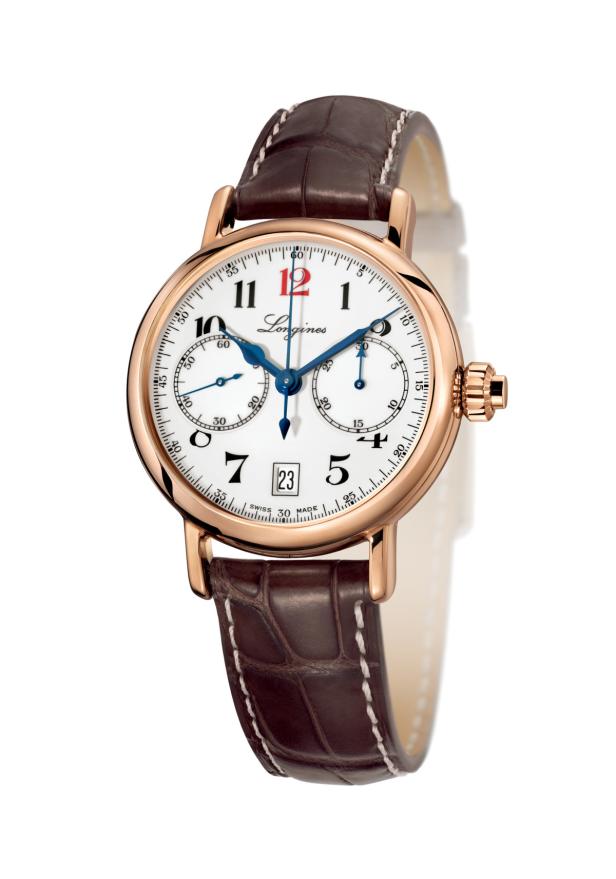 … Eine Longines-Armbanduhr mit braunem Lederarmband und weißem Zifferblatt.