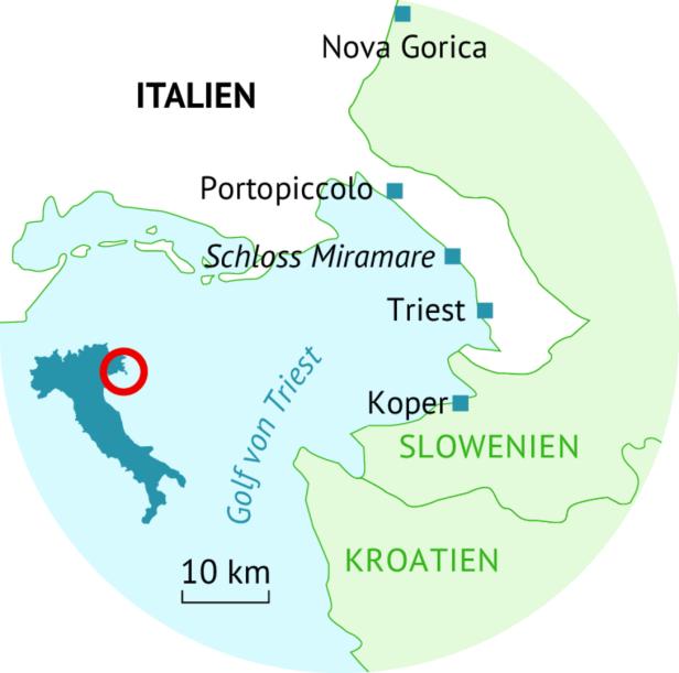 Eine Karte des Golfs von Triest mit Italien, Slowenien und Kroatien.