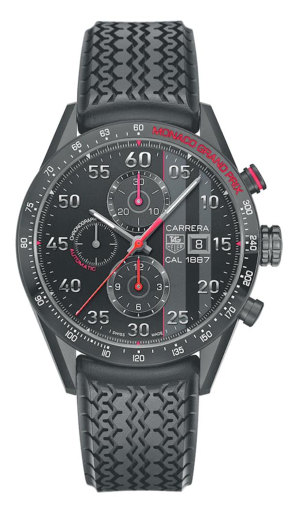 … Eine TAG Heuer Carrera Monaco Grand Prix Uhr mit einem Reifenprofil-Armband.