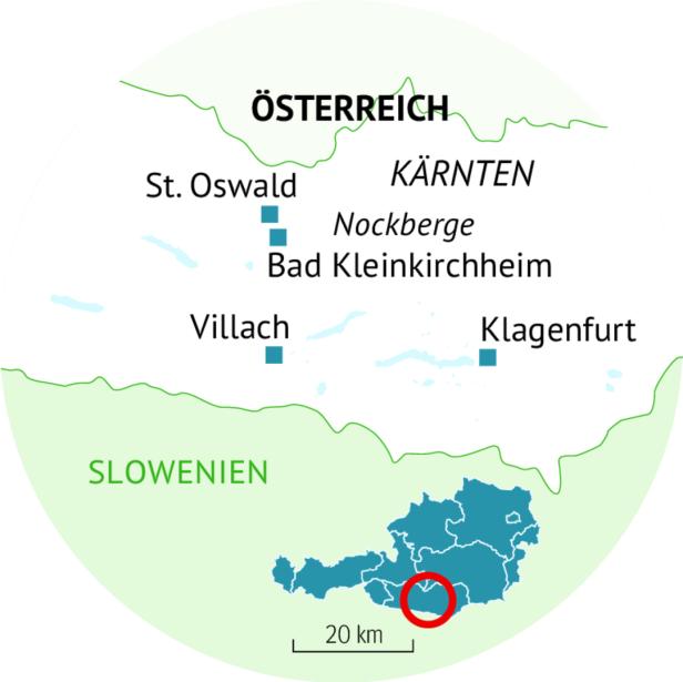 Eine Karte von Kärnten, Österreich, mit eingezeichneten Städten wie Klagenfurt und Villach.