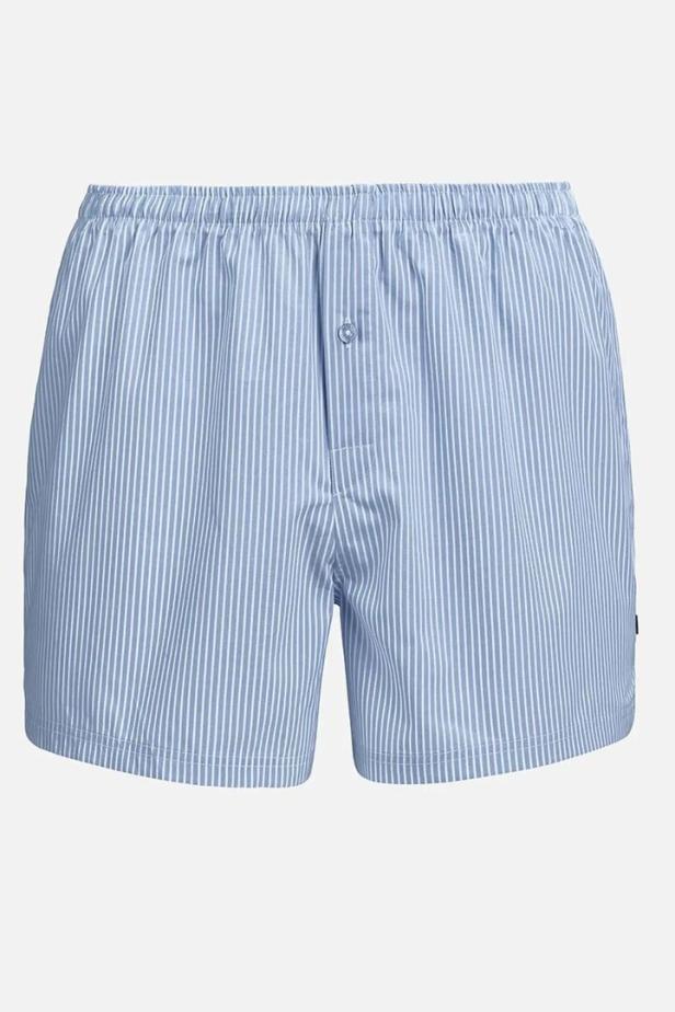 Eine blau-weiß gestreifte Boxershort mit Knopfleiste.