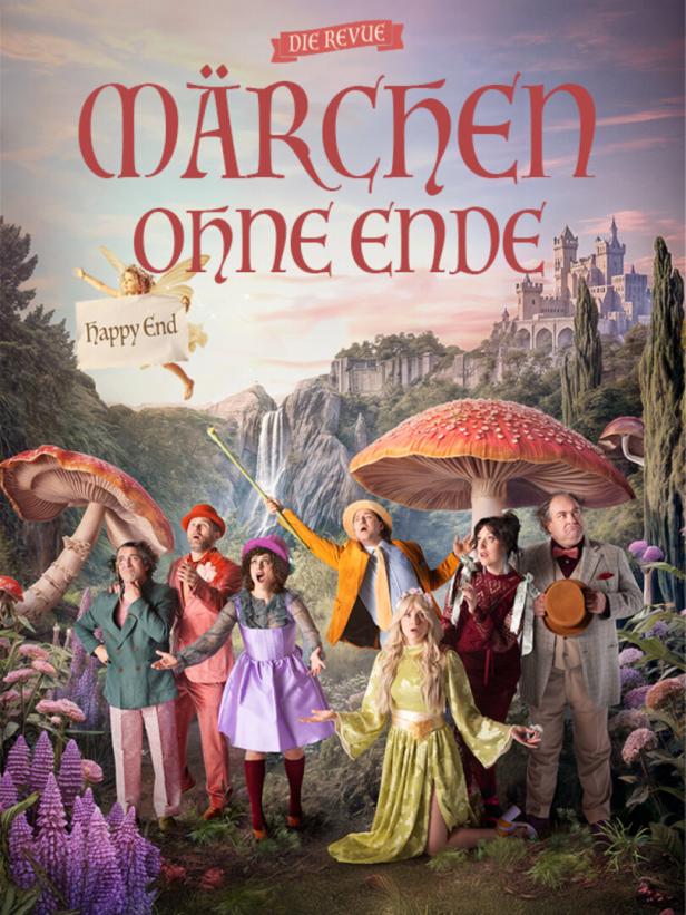 Das Ensemble von „Märchen ohne Ende“ der Revue steht in einer Fantasiewelt vor einem Schloss.