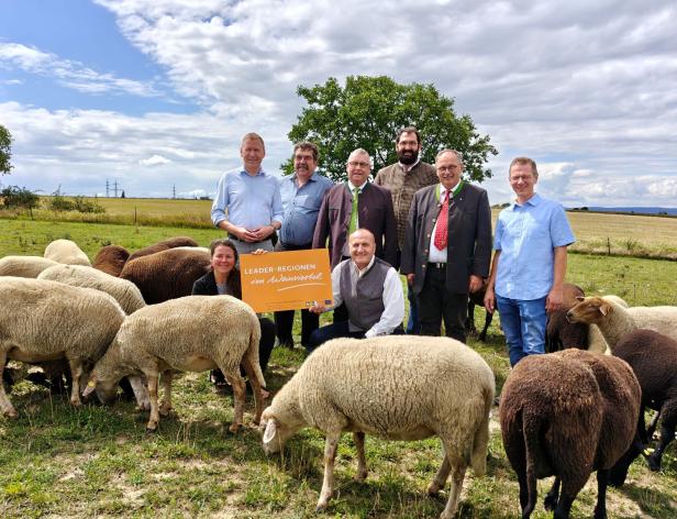 Eine Gruppe von Personen posiert mit Schafen und einem Schild „LEADER-Regionen im Weinviertel“.