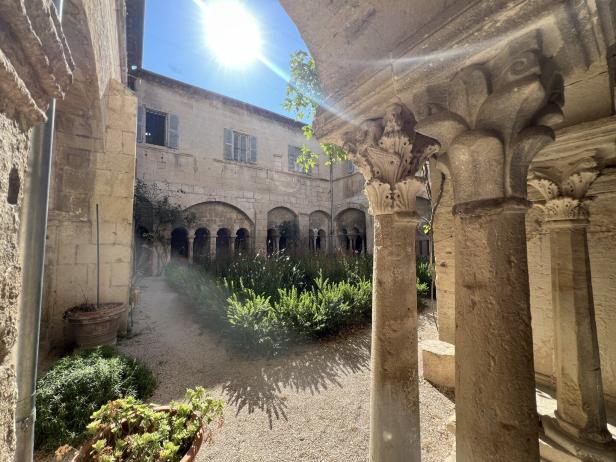 Ein Innenhof mit Säulen und einem Garten im Kloster Saint-Paul de Mausole.