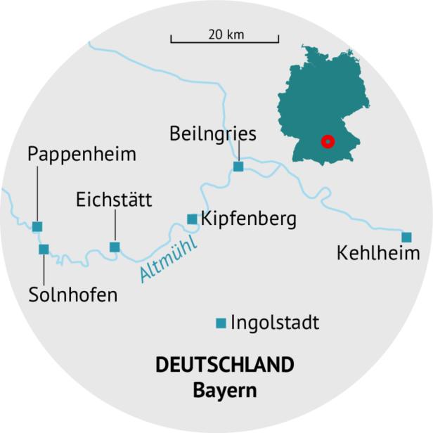 Eine Karte von Bayern mit dem Fluss Altmühl und den Städten Ingolstadt, Kehlheim und Eichstätt.