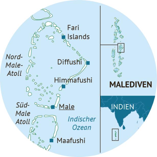 Eine Karte der Malediven mit den Atollen Nord-Male, Süd-Male und den Inseln Diffushi, Himmafushi und Maafushi.