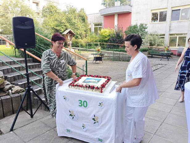 Zwei Frauen stehen an einem Tisch mit einer Torte zum 30-jährigen Jubiläum des PBZ Hollabrunn.