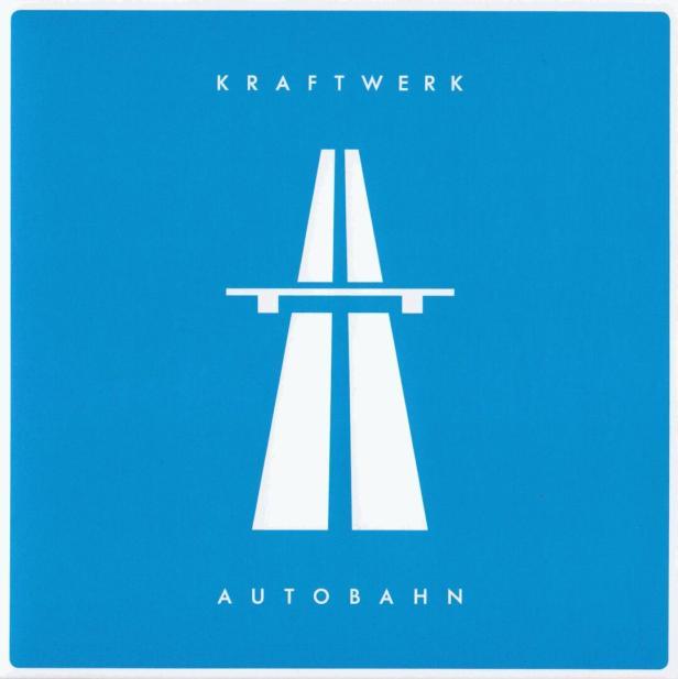Das Cover des Albums „Autobahn“ von Kraftwerk zeigt eine stilisierte Autobahn auf blauem Grund.