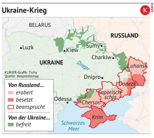 Eine Karte der Ukraine mit von Russland eroberten und besetzten Gebieten.
