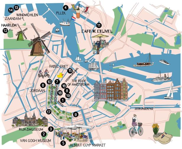 Eine illustrierte Karte von Amsterdam mit Sehenswürdigkeiten und Attraktionen.