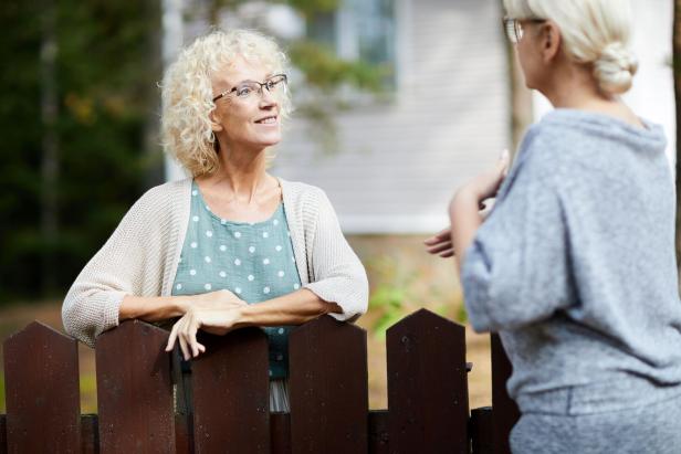 Consulting with neighbour Zwei Frauen sprechen am Gartenzaun
